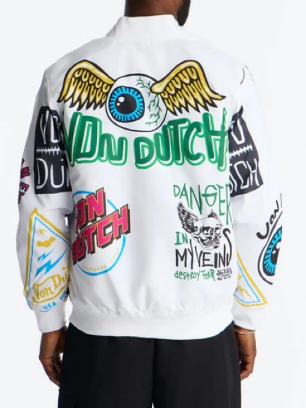•White Jax• Von Dutch White Graphic Bomber Jacket | Y2K Streetwear Zip Jacket
